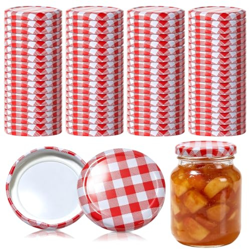 YQGQSUAK 80 Pack 63mm Red Gingham Twist Off Jar Lids, Metal Replacement Canning Caps for Glass Jars, Screw Top Covers for Jam, Preserves, Marmalade, Honey and Chutney, 2 Packs of 40