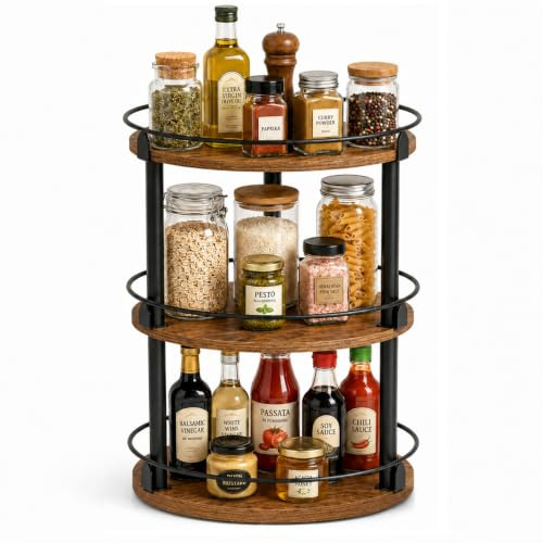 Gewürzregal Drehbar, 3-stufiges Lazy Susan Küchenregal, Gewürzregal Stehend Kreisdrehbares, Gewürzhalter Holz, Drehbarer Organizer für Küche, Schminktisch, Esstisch, Café, Vintagebraun und Schwarz