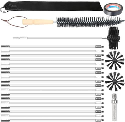 24Pcs Chimney Sweep Kit, Chimney Cleaning Brush Kit with 18 Flexible Nylon Rods, 6 Brush Head, Long Wooden Handle Brushes and Storage Bag, Chimney Sweep Brush & Rod Kit for Flue Fireplace