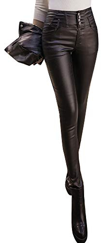 Femme Pantalon en Simili Cuir Taille Haute Leggings Skinny Pantalon Crayon Noir L