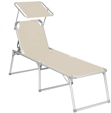SONGMICS Lettino Prendisole Grande, Sdraio Pieghevole, 65 x 200 x 48 cm, Max Portata 150 kg, con Parasole e Schienale Reclinabile, per Giardino Terrazzo Balcone, Beige GCB26BE