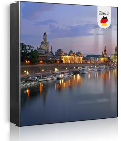 banjado Großer Schlüsselkasten Metall - Schlüsselbox 30x30cm beschreibbarer mit 32 Haken - Schlüsselkasten modern für Schlüsselaufbewahrung - Korpus Schwarz Scharnier Links - Motiv Dresden
