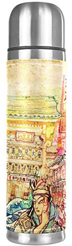 Wasserflasche mit japanischem Karpfen und Lotus-Muster, auslaufsicher, Edelstahl, Thermoskanne für heiße und kalte Getränke, 500 ml, für Büro, Schule, Reisen 26x6.7cm/10.2x2.6 in mehrfarbig09