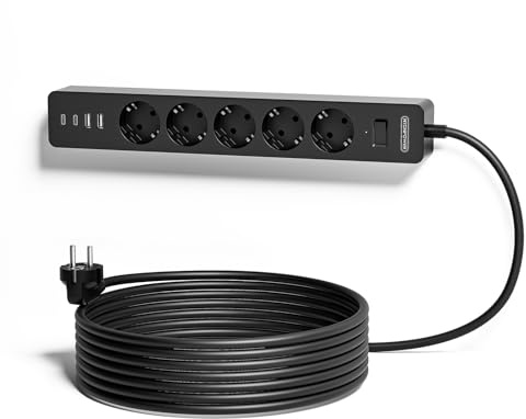 5-vägs grenuttag, 3 m med USB, NTONPOWER flera uttag, överspänningsskydd, väggmontering, använd lim, lång förlängningskabel barnsäkring, svart, flerdelad