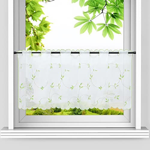 HeichkelL Voile Scheibengardine Blätter Stickerei Bistrogardine Landhausstil Kurzstores für Küche Bestickter Kurzvorhang Stangenlöcher Grün HxB 45x90 cm