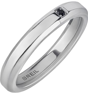 Breil, Collezione Y, Anello Uomo, Fedina da Uomo in Acciaio Lucido IP con Pietra di Zirconia Nera Incastonata, Misura 23, Idee Regalo Uomo