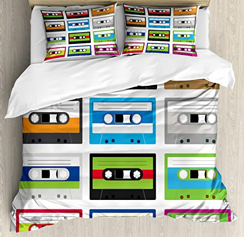 Ambesonne 90s Duvet Cover Sets, Composition of Retro Plastic Audio Cassettes Tapes Old Technology Entertainment Theme, Bedding Set with 2 Duvet Covers & 2 Pillowcases, 2 Pack Twin Size, Green Blue