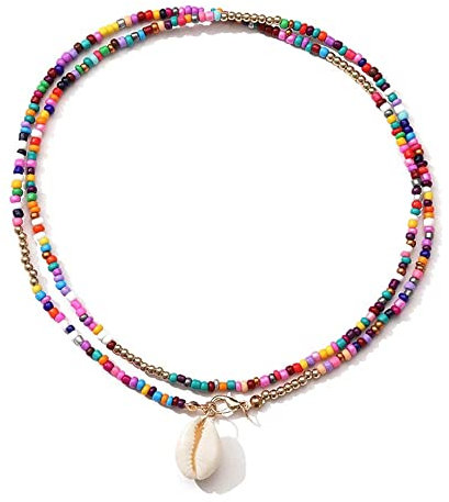 CYWQZZ Boho Muschelkette Goldperlen Chokerhalsketten Bunte Perlenkette Sommer Bohemian Halskette für Frauen Mädchen