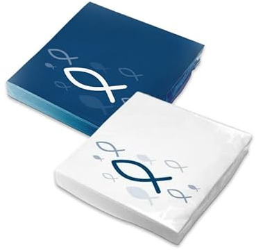 itenga Servietten Papier Fisch 30 x 30 cm 3-lagig 40 Stück für Taufe Kommunion Konfirmation Jungen und Mädchen (blau weiß)