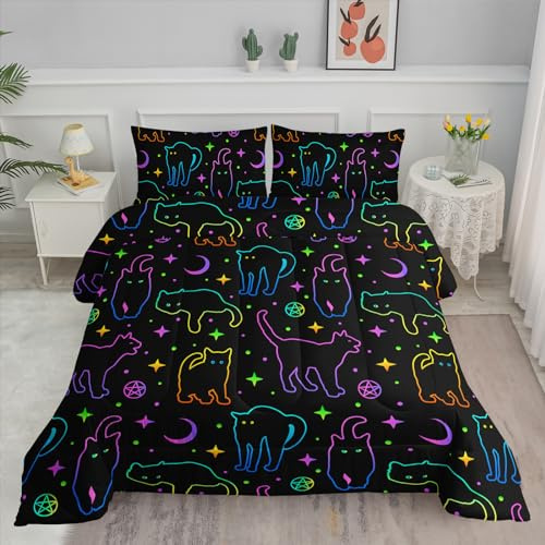 Black Cat Bedding Cartoon Cat Comforter Set Twin,Moon Stars Printed Kids Bedding Set for Boys Girls Adults Room Decor,Kids Comforter Set All Season,1 Quilt 2 Pillow Cases,Neon Color Blue Green