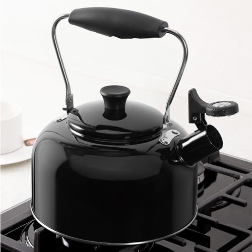 Navaris Bollitore con Fischietto in Acciaio Inossidabile - Teiera con Fischio per Induzione e Fornello a Gas - Bollitori per Acqua Tè Tisane - con Manico Girevole - Vintage Nero