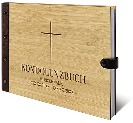 Personalisiertes Kondolenzbuch echtes Holz DIN A4 Gästebuch mit Lasergravur - Kreuz - mit 72 Blatt / 144 Seiten Naturpapier Weiß