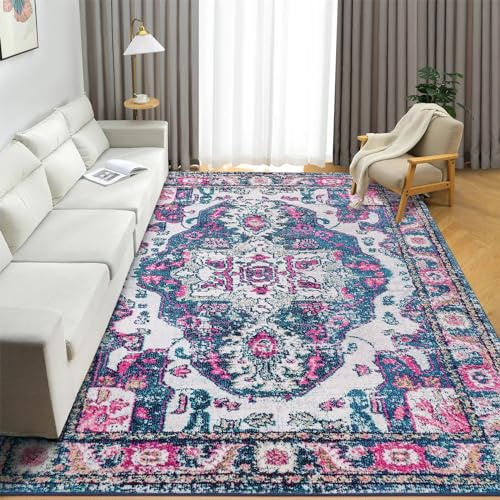 XSIVOD 150x210cm Vintage Area Rugs for Living Room, Non-slip Luxury Bedroom Rug, Distressed Traditional Floor Carpet for Nursery Dining Room, Washable Entryway Mat for Boho Decor, Grape Purple