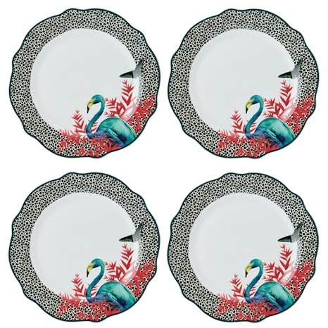 Mikasa x Sarah Arnett middagstallrikar, set med 4, middagstallrikar i porslin, runda tallrikar med livfullt tryck och uddig kant, 27 cm - diskmaskinssäker