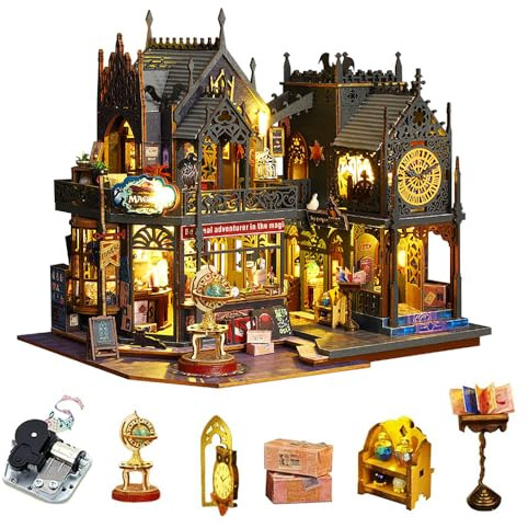 CUTEROOM DIY Miniaturhaus Set, kleines Haus Set für Erwachsene zum Bauen, hölzernes Puppenhaus-Set mit Möbeln und LED Geburtstagsgeschenken für Teenager und Erwachsene (Holo Magic City)