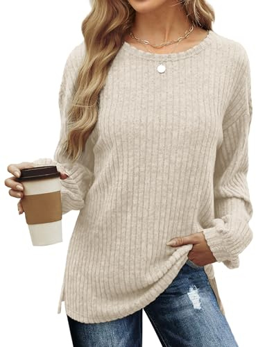 Aokosor Long Sleeve Tops Women Lightweight Jumpers Ladies Sweatshirts Striped Sweater Side Split Size 10-12 Beige