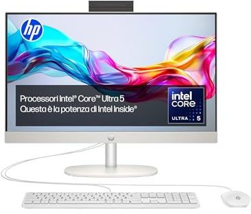 HP 24-cr1000sl All-in-One, Intel Core Ultra 5-125U, Intel Evo Edition, AI, 16GB RAM DDR5, 512GB SSD, Display da 23,8 FHD IPS Antiriflesso, Wi-Fi, Webcam HD, Non è Touch, Wi-Fi 6, Windows 11, Bianco