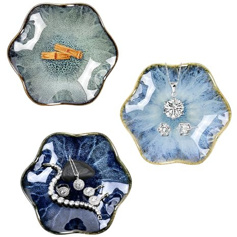 CHENKEE Keramik Schmuckschale,3 Stück Klein Keramik Ringschale Blatt-Schmucktablett Schmuckteller Schmucktablett Schlüsselablage für Wohnkultur Schmuckaufbewahrung (Sternenblau,Nebelgrün,Felsgrün)
