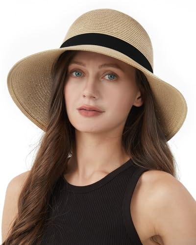 Zylioo S/M/L/XL/XXL stråhatt solhatt dam för stort huvud, halm strandmössa med brett brätte, UV-skydd sommarhatt, Bred brätte khaki, S