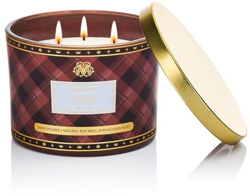M&SENSE 330g Luxury Candela alla Soia Profumata Legno Di Sandalo|3 Stoppini in Cotone 65H, Aromaterapia Non Tossica, Barattolo Vetro Rigato Vintage, Regalo Donna Compleanno/Mamma Gift
