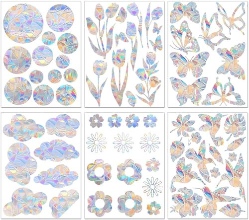 Suncatcher Lot de 69 autocollants pour fenêtre - Motif prisme - Attrape-soleil - Effet arc-en-ciel - Protection contre les oiseaux - Fleurs - Papillon - Oiseau - Nuage