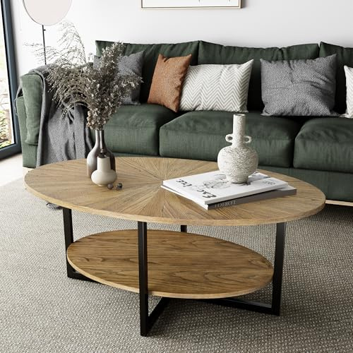 MIAUWUUFHOME Massivt trä ovalt soffbord för vardagsrum, modernt industriellt mittbord med 2-nivåers förvaringshylla, cocktailbord med metallben för litet utrymme, naturlig färg KFZ1811