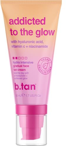 b.tan Gradual Self Tan Face Lotion | Addicted to the Glow - Daily Faical Tanning Cream for a Sunkissed Dark Bronze, Best Sunless Moisturizer, Hydrating Vitamin C, Travel Size, No Fake Tanner Smell