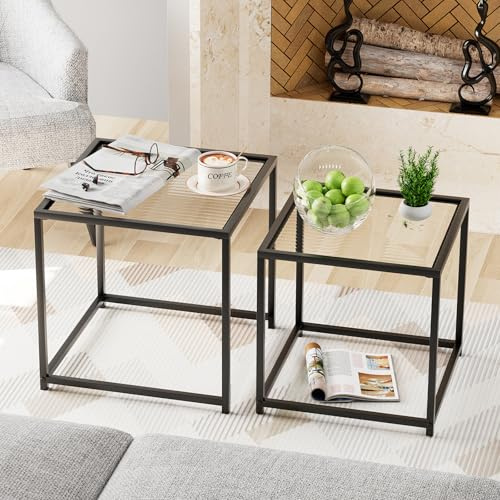 Garden 4 you Couchtisch 2er-Set, moderner gemusterter Glas-Nisttisch, Metallrahmen, quadratischer Mitteltisch-Set, Beistelltische, Couchtisch für Wohnzimmer, Schlafzimmer und kleine Räume, 50 cm
