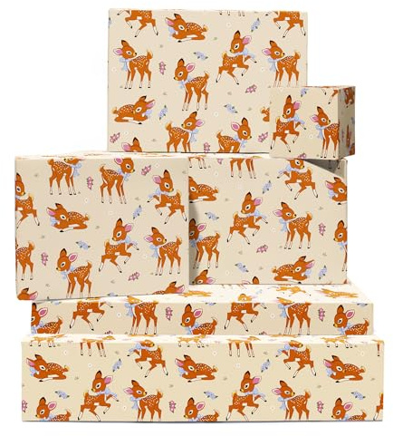 Carta da regalo Woodland Creatures - Fawn Deer Bambi - 6 fogli di carta da regalo per Natale compleanno baby shower - 6 fogli di carta da regalo per bambini ragazzi e ragazze