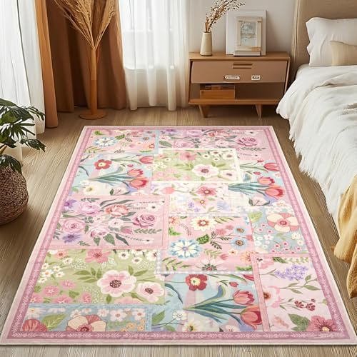 MOSISO 91x152cm Teppich Wohnzimmer,Gespleißte Blumen Rutschfester Niederflorteppich für Innenraum Boden Kunstwolle Rechteckig Waschbar Teppich für Hause Decor Nachttisch Schlafzimmer Esszimmer, Rosa
