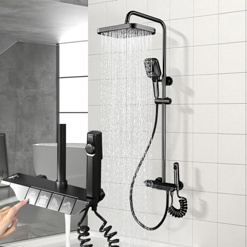 Duschsystem Schwarz Duschset inkl. 30 * 19cm Eckige Kopfbrause | 86-120 cm Verstellbare Duschstange, Duscharmatur Komplettset mit 3 Funktion Handbrause