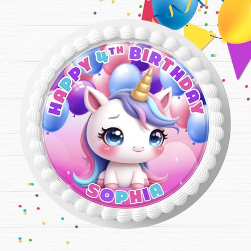 CUTE PINK UNICORN PERSONALISED HAPPY BIRTHDAY PRE-CUT 7.5 INCH EDIBLE ICING CAKE TOPPER DECORATION T-3448
