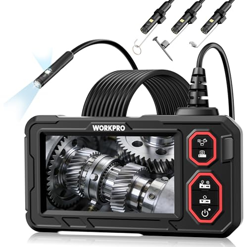 WORKPRO Cámara Endoscópica 1080P HD, Pantalla IPS 4,3, Boroscopio Digital Industrial con Tarjeta TF 32 GB, 8+1 LEDs, Cable Semirrígido 5M, IP67 para Inspección de Tuberías y Automóvil