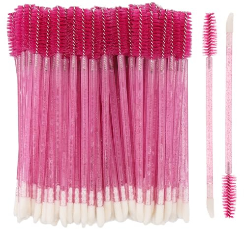 100 Pcs Disposable Mascara Wands Dual Ended Eyelash Brush Lip Brush, Lipstick Applicator Eyebrow Spoolies Brush for Eyelash Extensions - Hotpink