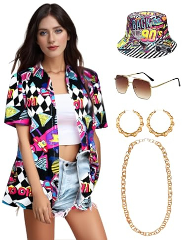 Vercico Déguisement pour femme, chemise hawaïenne à manches courtes avec chapeau cloche des années 90, boucles d'oreilles, lunettes de soleil et fausse chaîne dorée pour fêtes à thème rétro des années