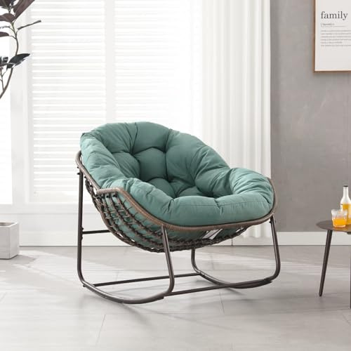 KOMHTOM Poltrona a dondolo in Rattan da esterno, Poltrona da giardino, Sedia da dondolo con cuscino, Struttura in metallo, per Veranda, Soggiorno, Terrazza, Giardino (Verde)