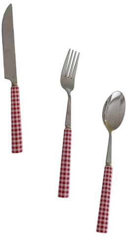 Healifty Set de Couverts Rouge à Carreaux Style Français avec Manche Céramique Couteau Découpe Steak Fourchette et Cuillère Robustes pour Cuisine Maison Restaurant et Barbecue