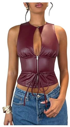 WDIRARA Women's Faux Leather Cut Out Tank Top Tie Knot Sleeveless Round Neck Tops Burgundy Small