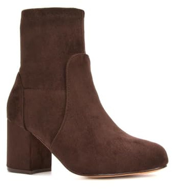 ESSEX GLAM Women's Heeled Ankle Boots Ladies Stretch Sock Brown Faux Suede Chelsea Biker Booties Size 6