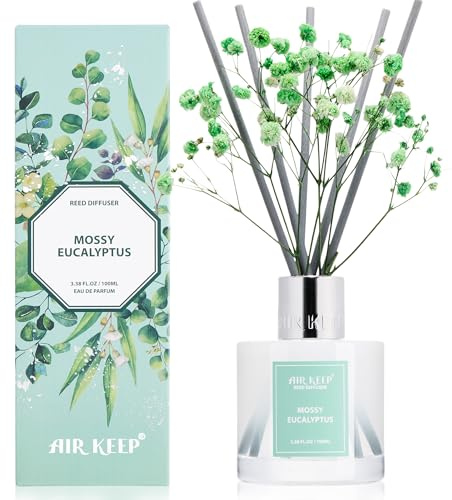 Airkeep Raumduft Mossy Eucalyptus – Reed Diffuser mit 8 Duftstäbchen, langanhaltender Lufterfrischer für Badezimmer, Schlafzimmer & Wohnzimmer, stilvolle Heimdekoration, 100ml