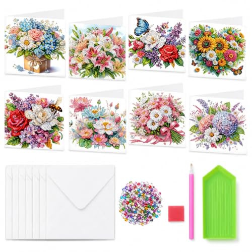 Diamond Art-julkort, 8-pack med kuvert, diamantmålningskort med blommotiv för födelsedagar, tackkort, bröllop och högtider