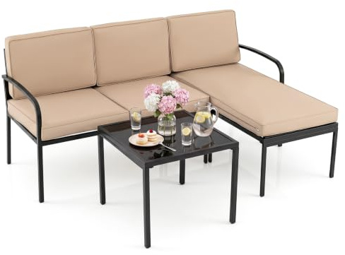 COSTWAY Gartenlounge 3-teilig, Gartenmöbel Set, Outdoor Lounge mit Tisch und Kissen, Terrassenmöbel, Sitzgarnitur, Sitzgruppe für Garten, Terrasse, Balkon (Braun)