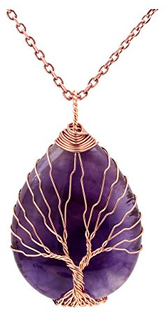 Jovivi - Colgante con amatista - Árbol de la vida - Cobre - Forma de gota de agua - Energía - Con cadena