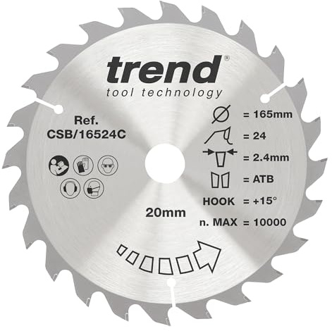 Trend Wood Circular Saw Blade, 165mm Diameter, 20mm Bore, 24 Teeth, 2.4mm Kerf, +15° Hook, TCT, Medium Finish, CSB/16524C | TCT Blade For Wood Cutting With 24 Teeth, 2.4 mm Kerf And +15° Hook For Medium Finish, CSB/16524C