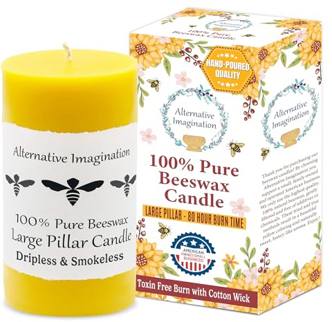 100% Pure Beeswax Pillar Candle – Large 3x6 Inch Handmade Candle with 80-Hour Burn Time – Natural Honey Aroma – Clean & Hypoallergenic – Chemical-Free– Natural Air Purifier – Alternative Imagination