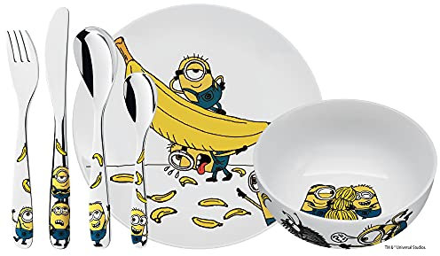 WMF Minions - Vajilla para niños 6 piezas incluye plato, cuenco y cubertería (tenedor, cuchillo de mesa, cuchara y cuchara pequeña) WMF Kids infantil Acero Inoxidable Cromargan