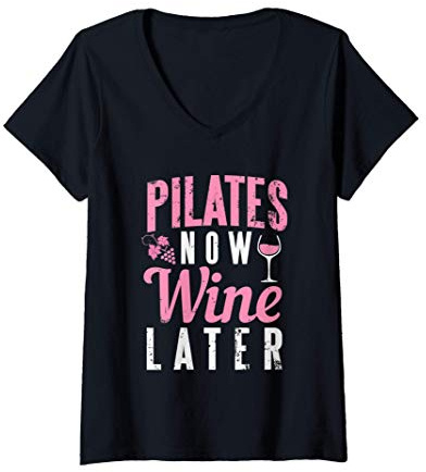 Donna Funny Pilates Now Wine Later Gym Beverage Maglietta con Collo a V