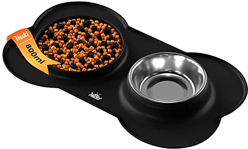 Silikon-Napfunterlage Schwarz 2X Futternäpfe L 800ml Edelstahl Matte Knochenform rutschfest Unterlage für Hundenapf Fressnapf Katzennapf Silikonmatte Lebensmittelecht