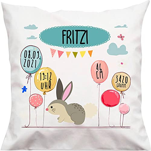 Kleckerliese Baby Kinder Kissen Kissenhülle Tiere Motiv, Hase mit Wunschname Datum Uhrzeit Gewicht Balon Wolken, 40x40 cm Farbe Weiß mit Füllung