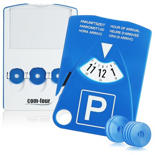 com-four® 2X Parkscheibe mit Parkscheinhalter, Gurtschneider und Einkaufswagenchips - Parkuhr aus Kunststoff (2 Stück - Scheibe mit Chips und Cutter)